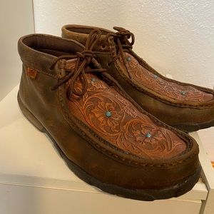 Twisted X Brown Tooled Flowers Driving Moccasin
